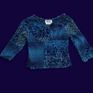 Vintage Amy Byer Blue Boho Mesh Floral Patchwork Print Y2K Top